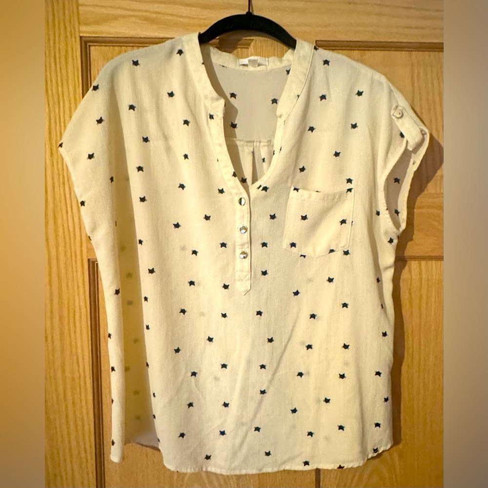 Rare find! MINE Short Sleeve Cream & Black Kitty 3/4 Button Up Shirt, Size XL